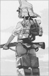 Rule 34 | 1girl, animal ears, ass, backpack, bag, canteen, fundoshi, glasses, gloves, greyscale, gun, hat, highres, japanese clothes, kitano furuko, mess kit, military, military vehicle, mirror, monochrome, motor vehicle, nogami takeshi, rabbit ears, rabbit girl, randoseru, rifle, sepia, solo, strike witches, striker unit, tank, type 97 chi-ha, vehicle, weapon, witches of africa, world witches series