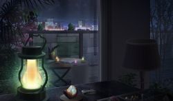 Rule 34 | apartment, architecture, balcony, book, building, candle, city, cityscape, cloud, cloudy sky, commentary request, crystal, curtains, gem, highres, hotel room, indoors, lamp, lantern, magnifying glass, night, open book, original, outdoors, plant, potted plant, quartz (gemstone), scenery, sky, star (sky), table, tablecloth, window, yu02257951