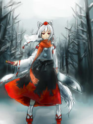 Rule 34 | 1girl, animal ears, bare tree, breath, cloud, cloudy sky, day, detached sleeves, forest, geta, hand on hilt, hat, inubashiri momiji, looking at viewer, nature, outdoors, parted lips, pom pom (clothes), red eyes, short hair, sketch, skirt, sky, solo, sword, tabi, tail, tengu-geta, tokin hat, touhou, tree, weapon, white hair, winter, wolf ears, wolf tail, zzzzzzzzzzzzzzp
