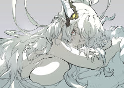 Rule 34 | 1girl, arknights, breast press, breasts, chinese commentary, closed mouth, commentary request, completely nude, from side, grey background, grey hair, hair over one eye, highres, horns, hu tu, large breasts, long hair, looking at viewer, looking to the side, lying, muted color, nude, on stomach, pillow, pointy ears, red eyes, shining (arknights), simple background, smile, solo, upper body, very long hair