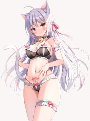 Rule 34 | 1girl, ahoge, animal ears, bare shoulders, bell, black bra, black collar, black panties, bow, bow bra, bow panties, bra, breasts, brown eyes, cat ears, cat girl, cat tail, closed mouth, collar, commission, frilled bra, frilled panties, frills, grey background, heterochromia, jingle bell, long hair, looking at viewer, mauve, medium breasts, multicolored hair, navel, neck bell, original, panties, pink hair, pixiv commission, pubic tattoo, red eyes, silver hair, simple background, smile, solo, standing, streaked hair, tail, tattoo, underwear, very long hair