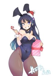 Rule 34 | 1girl, 2019, animal ears, artist name, bare shoulders, black bow, black hair, black pantyhose, blue eyes, blunt bangs, blunt ends, blush, bow, bowtie, breasts, candy, candy cane, christmas, christmas present, cleavage, commentary, covered navel, detached collar, dot nose, english commentary, fake animal ears, food, gift, gluteal fold, grin, hair ornament, hairclip, hands up, hat, highleg, highleg leotard, highres, holding, holding candy, holding candy cane, holding food, holding gift, hot vr, large breasts, leaning to the side, leotard, long hair, looking at viewer, pantyhose, playboy bunny, rabbit ears, rabbit hair ornament, red headwear, sakurajima mai, santa hat, seishun buta yarou, sidelocks, signature, simple background, skindentation, smile, standing, thick thighs, thighs, white background, wide hips, wrist cuffs