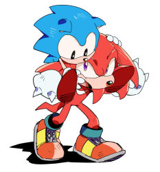 Rule 34 | 2boys, bad id, bad pixiv id, chiro (pez777), furry, furry male, gloves, knuckles the echidna, multiple boys, purple eyes, sega, shadow, sonic (series), sonic the hedgehog, sonic the hedgehog (classic), standing, tail, white background, aged down