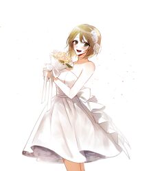 Rule 34 | 1girl, alternate costume, bouquet, bride, brown hair, cowboy shot, dress, endou akane, flower, green eyes, haebu, hair flower, hair ornament, hair ribbon, highres, holding, holding bouquet, jewelry, lace ribbon, necklace, open mouth, pink flower, pink rose, ribbon, rose, saibou shinkyoku, short hair, simple background, smile, solo, strapless, strapless dress, white background, white dress, white flower, white ribbon, white rose, yellow flower, yellow rose