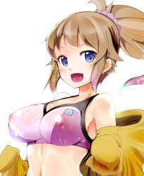 Rule 34 | 10s, 1girl, blue eyes, blush, breasts, brown hair, covered erect nipples, gundam, gundam build fighters, gundam build fighters try, highres, hoshino fumina, jacket, large breasts, looking at viewer, open clothes, open jacket, open mouth, ponytail, short hair, smile, solo, sports bra, sweat, takara akihito, two-tone sports bra