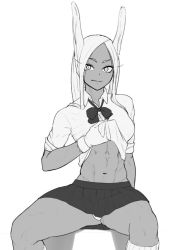 Rule 34 | 1girl, abs, animal ears, bad id, bad twitter id, boku no hero academia, clothes lift, gloves, greyscale, highres, long hair, looking at viewer, midriff, mirko, monochrome, muscular, muscular female, navel, necktie, on chair, putcher, rabbit ears, school uniform, shirt, shirt lift, sitting, skirt, sleeves rolled up, smile, solo, thighs, toned, white background, white gloves, white hair, white shirt