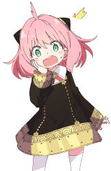Rule 34 | 1girl, ahoge, anya (spy x family), black dress, blush, bright pupils, child, collared shirt, commentary request, dress, eden academy school uniform, eyes visible through hair, feet out of frame, flipped hair, gold trim, green eyes, hair between eyes, hair ornament, hairpods, hand on own face, ixy, long hair, long sleeves, looking at viewer, open mouth, over-kneehighs, pink hair, round teeth, school uniform, shirt, simple background, solo, spy x family, standing, straight hair, surprised, sweatdrop, teeth, thighhighs, upper teeth only, white background, white pupils, white shirt, white thighhighs