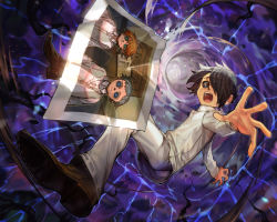 Rule 34 | 1girl, 2boys, abstract background, ahoge, black eyes, black hair, blue background, blue eyes, boots, brown footwear, button eyes, buttons, commentary, door, emma (yakusoku no neverland), full body, green eyes, hair over one eye, highres, hungry clicker, identity v, indoors, long sleeves, multiple boys, norman (yakusoku no neverland), official art, open mouth, orange hair, outstretched arm, pants, photo (object), ray (yakusoku no neverland), reaching, serious, shirt, short hair, sign, smile, stitches, sweater, sweater vest, teeth, upper teeth only, upset, white hair, white pants, white shirt, white sweater, wormhole, yakusoku no neverland, yarn