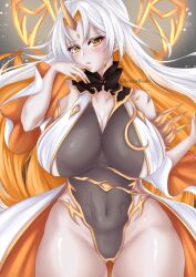 Rule 34 | 1girl, absurdres, blush, breasts, cleavage, fire emblem, fire emblem heroes, gullveig (fire emblem), highres, horns, large breasts, lipstick, long hair, looking at viewer, makeup, navel, nintendo, renaisblade, rod, sand, signature, snake, solo, staff, tagme, white hair, wide hips, yellow eyes