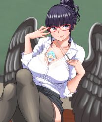Rule 34 | 1girl, adjusting eyewear, between breasts, black-framed eyewear, black hair, black skirt, black thighhighs, black wings, blunt bangs, breasts, chalkboard, cleavage, collarbone, commentary request, crossed legs, dead or alive, dead or alive 6, desk, feathered wings, glasses, hime cut, hiroyama (hpzg5374), holding, indoors, large breasts, licking lips, long hair, looking at viewer, mole, mole under mouth, nico (doa), nyotengu, on desk, purple eyes, shirt, sitting, skirt, solo, stuffed toy, tengu, thighhighs, tongue, tongue out, white shirt, wings
