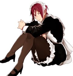 Rule 34 | 10s, 1boy, alternate costume, apron, blush, chietori, crossdressing, embarrassed, enmaided, free!, full body, high heels, looking at viewer, maid, maid apron, maid headdress, male focus, matsuoka rin, pantyhose, simple background, sitting, solo, white background