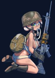 Rule 34 | 1girl, ass, backpack, bag, battle rifle, bayonet, belt, black footwear, black gloves, blonde hair, boots, breasts, butt crack, chin strap, combat boots, combat helmet, commentary, commission, cross-laced footwear, dirty, dirty face, erica (naze1940), fallschirmhelm, fallschirmjager, fg42, full body, german army, gloves, green eyes, green helmet, gun, hair between eyes, hair bun, helmet, highres, holding, holding gun, holding weapon, kneeling, lace-up boots, long hair, looking at viewer, luftwaffe, magazine (weapon), medium breasts, military, mouth hold, nude, original, paratrooper, rifle, simple background, soldier, solo, strap, sweat, undone chin strap, weapon, world war ii