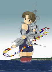 Rule 34 | 1girl, anchor, ass, back, blue one-piece swimsuit, boat, brown eyes, brown hair, bunting, chain, chimney, cruiser, day, flag, flags of all nations, from behind, funnel, georgios averof, gun, kirio (ccr00235), looking back, mast, mecha musume, military, military vehicle, ocean, one-piece swimsuit, original, outdoors, pennant, personification, red thighhighs, school swimsuit, ship, short hair, skindentation, sky, smokestack, solo, string, string of flags, swimsuit, thighhighs, tsurime, turret, wading, warship, water, watercraft, weapon