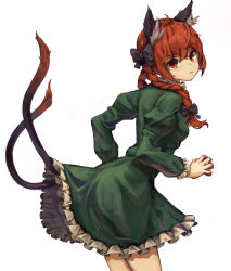 Rule 34 | 1girl, animal ear fluff, animal ears, black bow, bow, braid, breasts, cat ears, cat girl, cat tail, closed mouth, commentary request, dress, frilled dress, frilled sleeves, frills, from behind, green dress, hair bow, highres, juliet sleeves, kaenbyou rin, long hair, long sleeves, looking at viewer, looking back, multiple tails, puffy sleeves, red eyes, red hair, simple background, small breasts, solo, tail, touhou, twin braids, two tails, v-shaped eyebrows, white background, yanyan (shinken gomi)