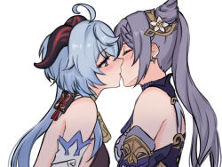 Rule 34 | 2girls, a ai ri, ahoge, bare shoulders, bell, blue hair, blush, braid, braided bangs, breasts, closed eyes, commentary request, cone hair bun, cowbell, detached sleeves, dress, earrings, flower, from side, ganyu (genshin impact), genshin impact, hair bun, hair flower, hair ornament, highres, horns, jewelry, keqing (genshin impact), kiss, long hair, low ponytail, medium breasts, multiple girls, neck bell, neck tassel, purple dress, purple eyes, purple hair, sidelocks, simple background, twintails, upper body, white background, yuri