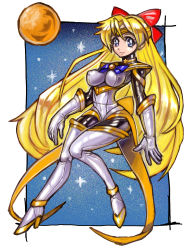 Rule 34 | 1girl, adapted costume, aino minako, alternate costume, arms at sides, bishoujo senshi sailor moon, blonde hair, blue bow, blue bowtie, blue eyes, bodystocking, border, bow, bowtie, breasts, choker, circlet, closed mouth, coattails, covered erect nipples, elbow gloves, eyebrows, eyelashes, facing away, gloves, hair between eyes, hair bow, high heels, highres, knees together feet apart, leotard, lips, long hair, looking at viewer, medium breasts, oomasa teikoku, orange bow, orange bowtie, pink lips, planet, red bow, sailor collar, sailor venus, shiny clothes, shoes, smile, solo, space, star (sky), star (symbol), tareme, thighhighs, venus (planet), very long hair, white border, white gloves, white leotard, white thighhighs, yellow bow, yellow bowtie, yellow choker, yellow footwear