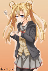 Rule 34 | 10s, 1girl, abukuma (kancolle), abukuma kai ni (kancolle), anti (untea9), blonde hair, blue eyes, commentary, cowboy shot, fingers together, hair bun, highres, hood, hoodie, index fingers together, kantai collection, long hair, long sleeves, open clothes, orange background, pantyhose, pleated skirt, red ribbon, ribbon, sailor collar, school uniform, simple background, skirt, solo, squiggle, standing, sulking, tears, twintails, twitter username
