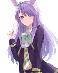 Rule 34 | 1girl, absurdres, animal ears, black jacket, black skirt, blush, bow, closed mouth, commentary request, ear ribbon, frilled sleeves, frills, green bow, green ribbon, hand up, highres, horse ears, jacket, long hair, long sleeves, looking at viewer, mejiro mcqueen (umamusume), pleated skirt, poono, purple eyes, purple hair, ribbon, simple background, skirt, sleeves past wrists, smile, solo, umamusume, very long hair, white background