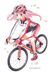Rule 34 | 1girl, bicycle, bicycle helmet, bike shorts, blue eyes, helmet, looking at viewer, open mouth, pink hair, smile, solo, trek