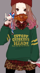 Rule 34 | 10s, 1girl, 2012, alcohol, bad id, bad pixiv id, biting, blouse, chaki (chackiin), christmas, clothes writing, collared shirt, cowboy shot, english text, engrish text, flannel, foil, green shirt, grey background, hat, layered clothes, legs apart, miniskirt, nail polish, original, pantyhose, pinky out, plaid, plaid shirt, ranguage, ribbon, shirt, simple background, skirt, solo, standing, sweater, turkey leg, wine