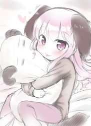 Rule 34 | 1girl, :p, animal ears, black sweater, commentary request, dog ears, dog tail, heart, highres, hug, long hair, hugging object, original, osatsu, pants, pink eyes, pink hair, sitting, smile, solo, stuffed toy, sweater, tail, tongue, tongue out