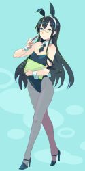 Rule 34 | 1girl, alternate costume, animal ears, black hair, black leotard, black necktie, black pantyhose, breasts, clipboard, detached collar, fake animal ears, full body, green background, green eyes, highres, kantai collection, leotard, long hair, looking at viewer, necktie, ooyodo (kancolle), oval background, pantyhose, pen, playboy bunny, rabbit ears, rabbit tail, small breasts, solo, standing, strapless, strapless leotard, tail, wrist cuffs, you (yawnmgmg)