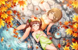 Rule 34 | 10s, 2girls, ^ ^, artist request, autumn leaves, bare shoulders, barefoot, blunt bangs, blush, breasts, brown hair, cleavage, closed eyes, collarbone, feet, flower, hair flower, hair ornament, idolmaster, idolmaster cinderella girls, idolmaster cinderella girls starlight stage, lap pillow, leaf, long hair, mimura kanako, multiple girls, official art, ogata chieri, open mouth, short hair, sidelocks, smile, soaking feet, swept bangs, towel, towel on head, water, wet