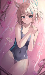 Rule 34 | 1girl, absurdres, animal ear fluff, animal ears, bare arms, bare legs, bare shoulders, black one-piece swimsuit, blue archive, blue eyes, blue halo, blush, competition swimsuit, covered navel, cowboy shot, cross hair ornament, extra ears, flower, grey hair, hair ornament, halo, highres, lemontea (ekvr5838), medium hair, official alternate costume, one-piece swimsuit, parted lips, partially submerged, pink flower, shiroko (blue archive), shiroko (swimsuit) (blue archive), solo, swimsuit, water, white flower, wolf ears