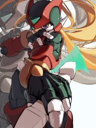 Rule 34 | 1boy, absurdres, android, armor, blonde hair, boots, cowboy shot, forehead jewel, glowing, glowing eye, green eyes, helmet, highres, holding, holding sword, holding weapon, long hair, looking at viewer, male focus, mega man (series), mega man zero (series), omochi (mochi skymega), red armor, red footwear, red helmet, reverse grip, solo, sword, weapon, z saber, zero(z) (mega man), zero (mega man), zoom layer
