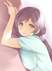 Rule 34 | 1girl, breast press, closed mouth, duke (inu daimyou), green eyes, hair ornament, hair scrunchie, long hair, looking at viewer, love live!, love live! school idol project, low twintails, pink scrunchie, purple hair, scrunchie, smile, solo, tojo nozomi, twintails