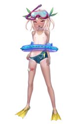 Rule 34 | aroused, blonde hair, blush, breasts, brown hair, choker, diving mask, flat chest, flippers, float, floaty, goggles, hair ornament, homura yuni, lilith-soft, looking at viewer, minakami chika, nervous, nipples, official art, one-piece swimsuit, petite, short hair, small breasts, sweat, swimsuit, taimanin (series), taimanin rpgx, tan, tanline, tongue, tongue out, white background