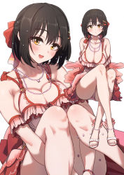 Rule 34 | 2girls, :o, absurdres, armpit crease, bikini, black hair, blush, bow, breasts, cleavage, collarbone, crossed ankles, detached sleeves, frilled bikini, frills, hair bow, hands under legs, head tilt, highres, idolmaster, idolmaster cinderella girls, jewelry, knees together feet apart, large breasts, looking at viewer, multiple girls, multiple persona, necklace, own hands together, pearl necklace, pizzasi, red bikini, sandals, short hair, sideboob, simple background, smile, swimsuit, takafuji kako, white background, yellow eyes