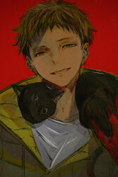 Rule 34 | 1boy, black cat, brown eyes, brown hair, cat, chipie (gnosia), coat, gnosia, highres, looking at viewer, one eye closed, parted lips, red background, sasatake (sasatakebe), shirt, short hair, simple background, smile, smirk, solo, upper body, white shirt