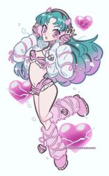Rule 34 | 1girl, animal print, bikini, blue eyes, boots, breasts, cleavage, cone horns, gradient hair, green hair, heart, heart necklace, highres, horns, jacket, jewelry, long hair, looking at viewer, lum, medium breasts, mikannu, multicolored hair, necklace, oni, open mouth, pink bikini, pink hair, pointy ears, ring, simple background, solo, strapless, swimsuit, tiger print, urusei yatsura, white background, white jacket