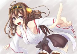 Rule 34 | 10s, 1girl, ahoge, breasts, brown hair, commentary request, detached sleeves, fang, female focus, gradient background, hairband, headgear, highres, kantai collection, kongou (kancolle), large breasts, long hair, looking at viewer, nontraditional miko, open mouth, pointing, purple eyes, skirt, solo, thighhighs, wide sleeves, yotunoha