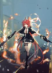 Rule 34 | 1girl, animal ears, arknights, bird ears, bird girl, black footwear, black jacket, black skirt, blurry, blurry background, boots, building, commentary, fiammetta (arknights), fire, fog, frilled skirt, frills, full body, gun, high-waist skirt, highres, holding, holding gun, holding weapon, holster, jacket, knee boots, looking at viewer, matsuoka (mtok 0), name tag, necktie, open clothes, open jacket, outdoors, red eyes, red hair, red necktie, serious, shirt, skirt, solo, thigh strap, twitter username, two side up, walking, weapon, white shirt