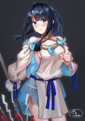 Rule 34 | 1girl, absurdres, bad id, bad pixiv id, bare shoulders, black hair, blue eyes, blue ribbon, blush, breasts, closed mouth, collarbone, dress, fate/grand order, fate/requiem, fate (series), fueto hiroki, fundoshi, grey background, highres, japanese clothes, jewelry, long sleeves, looking at viewer, magatama, magatama hair ornament, medium breasts, medium hair, multicolored hair, necklace, pelvic curtain, pink hair, polearm, puffy long sleeves, puffy sleeves, ribbon, seigaiha, short dress, sideboob, sideless outfit, smile, spear, streaked hair, thighs, utsumi erice, weapon, white dress