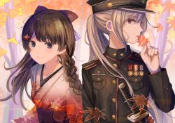 Rule 34 | 2girls, absurdres, autumn leaves, black coat, black hair, black hat, blue eyes, blurry, blush, bow, braid, breast pocket, breasts, buttons, closed mouth, coat, commentary request, depth of field, epaulettes, eyelashes, flower, hair bow, hair flower, hair ornament, hairclip, hat, highres, higuchi kaede, higuchi kaede (8th costume), holding, holding leaf, ibuki (ibuki0118), japanese clothes, katana, kimono, leaf, long hair, long sleeves, looking at viewer, looking to the side, maple leaf, medal, military, military uniform, mole, mole under eye, multiple girls, nijisanji, obi, peaked cap, pocket, ponytail, profile, purple eyes, red bow, red flower, red kimono, sash, seigaiha, sheath, sheathed, sidelocks, silver hair, single braid, small breasts, smile, sword, tsukino mito, tsukino mito (4th costume), uniform, upper body, virtual youtuber, weapon