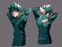 Rule 34 | 1boy, adjusting clothes, arm behind back, arm behind head, arm up, bodysuit, boku no hero academia, bright pupils, closed mouth, commentary request, cropped torso, freckles, from behind, frown, green bodysuit, green eyes, green hair, grey background, hand up, long sleeves, looking to the side, male focus, matsuya (pile), midoriya izuku, multiple views, partial commentary, profile, scar, scar on hand, short hair, sideways glance, simple background, sweatdrop, twitter username, upper body, white pupils