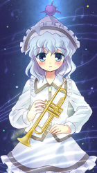 Rule 34 | 1girl, blue eyes, blue hair, female focus, hat, instrument, kuguri oimo, matching hair/eyes, merlin prismriver, solo, touhou, trumpet