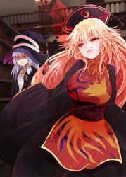 Rule 34 | 2girls, :o, arano oki, black dress, blonde hair, breasts, cape, chinese clothes, collared shirt, commentary request, cowboy shot, crossover, dress, elaina (majo no tabitabi), hat, highres, indoors, junko (touhou), long hair, long sleeves, looking at viewer, majo no tabitabi, medium breasts, multiple girls, neck ribbon, red eyes, red tabard, ribbon, shirt, sidelocks, silver hair, sleeves past fingers, sleeves past wrists, sweatdrop, tabard, touhou, wide sleeves, wing collar, witch hat, yellow neckwear