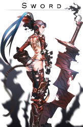 Rule 34 | 1girl, armlet, armor, armored boots, ass, blue hair, boots, breasts, brown hair, earrings, from behind, gauntlets, gradient hair, ha tav, hand on own hip, high ponytail, highres, huge weapon, jewelry, knee pads, legs together, multicolored hair, original, panties, parted lips, pointy ears, ponytail, profile, simple background, small breasts, solo, spiked armlet, spikes, streaked hair, striped clothes, striped panties, stud earrings, sword, tail, thighhighs, two-tone hair, underwear, weapon, white background