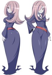 1girl absurdres abysswatchers ass breasts commission dress from_behind full_body hair_over_one_eye hand_on_own_hip highres little_witch_academia long_hair looking_at_viewer medium_breasts multiple_views nail_polish open_mouth pink_hair purple_dress red_eyes simple_background smile sucy_manbavaran teeth white_background