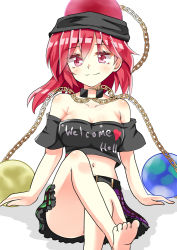 Rule 34 | 1girl, ass, bare legs, bare shoulders, barefoot, black shirt, breasts, cleavage, clothes writing, collarbone, convenient leg, crop top, crossed legs, hecatia lapislazuli, keyaki chimaki, medium breasts, midriff, miniskirt, multicolored clothes, multicolored skirt, navel, no bra, off shoulder, red eyes, red hair, shirt, sitting, skirt, smile, solo, t-shirt, touhou, upskirt
