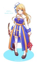 Rule 34 | 1girl, arch bishop (ragnarok online), black footwear, blonde hair, blue dress, blue eyes, blush, braid, breasts, cleavage cutout, closed mouth, clothing cutout, commentary request, crosier, cross, dated, dress, fishnet thighhighs, fishnets, french braid, frilled thighhighs, frills, full body, high heels, holding, holding staff, juliet sleeves, long hair, long sleeves, looking at viewer, medium breasts, pelvic curtain, pillbox hat, puffy sleeves, ragnarok masters, ragnarok online, sash, smile, staff, thighhighs, tomo-graphy, twitter username, two-tone dress, white background, white dress, white headwear, white thighhighs, yellow sash