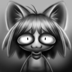 Rule 34 | 1girl, :3, animal ears, antenna hair, blurry, cat ears, commentary, constricted pupils, english commentary, greyscale, highres, iseenudepeople, monochrome, neco-arc, signature, solo, tsukihime, turtleneck, upper body