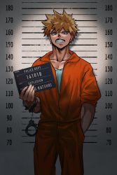 Rule 34 | 1boy, bakugou katsuki, blonde hair, boku no hero academia, character name, clenched teeth, commentary, cuffs, english commentary, english text, hand in pocket, handcuffs, height chart, height mark, highres, holding, holding sign, jumpsuit, looking at viewer, male focus, mugshot, orange jumpsuit, prison clothes, red eyes, scowl, sign, solo, spiked hair, teanmoi, teeth