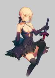 Rule 34 | 1girl, 7lark, artoria pendragon (fate), bare shoulders, black bow, blonde hair, bow, braid, breasts, choker, cleavage, collarbone, elbow gloves, fate/grand order, fate (series), gloves, hair bow, looking at viewer, medium breasts, no bra, parted lips, saber alter, simple background, sitting, solo, sword, thighhighs, weapon, yellow eyes