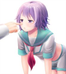 Rule 34 | 10s, 1girl, bad id, bad pixiv id, commentary request, finger to another&#039;s nose, highres, juujuu (2l0), kantai collection, midriff, navel, neckerchief, open mouth, purple eyes, purple hair, school uniform, serafuku, shirt, short hair, short sleeves, shorts, solo focus, tama (kancolle)