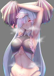 Rule 34 | 1girl, :q, armpits, arms up, blush, breasts, breath, brynhildr (cheer for master) (fate), brynhildr (fate), closed mouth, earrings, fate/prototype, fate/prototype: fragments of blue and silver, fate (series), grey background, hair ornament, hair over one eye, heart, heart-shaped pupils, heart tattoo, highres, holding, jewelry, large breasts, long hair, looking at viewer, navel, navel piercing, nikuku (kazedesune), piercing, pom pom (cheerleading), pubic tattoo, purple eyes, sideboob, silver hair, simple background, smile, solo, steam, steaming body, stud earrings, symbol-shaped pupils, tattoo, tongue, tongue out, tsurime, upper body